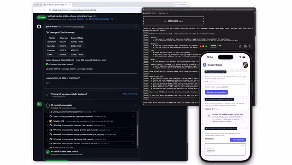 Beaker Stack pull request checks, environment setup wizard, and mobile app